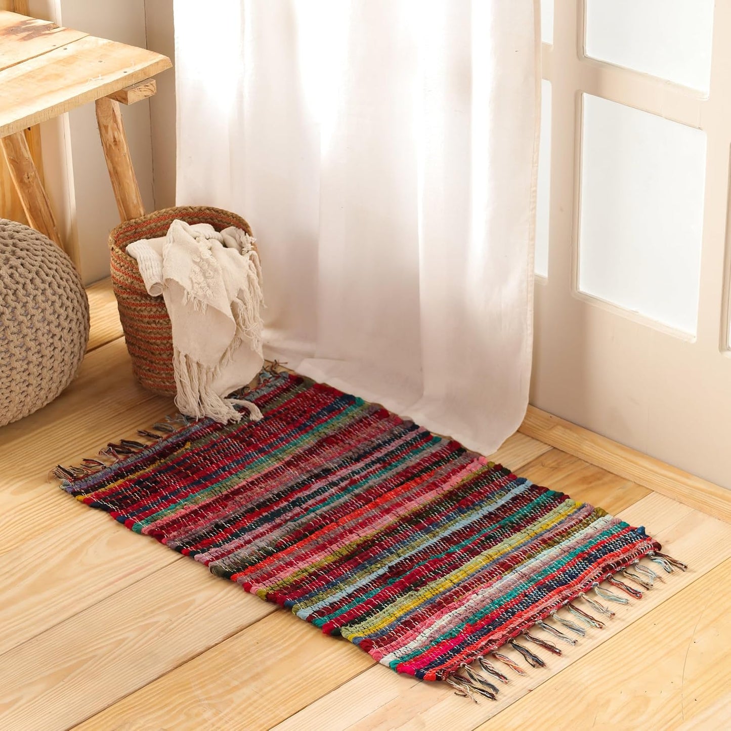 Alfombra trapo chindi reversible borlas 20x32pulg estilo boho