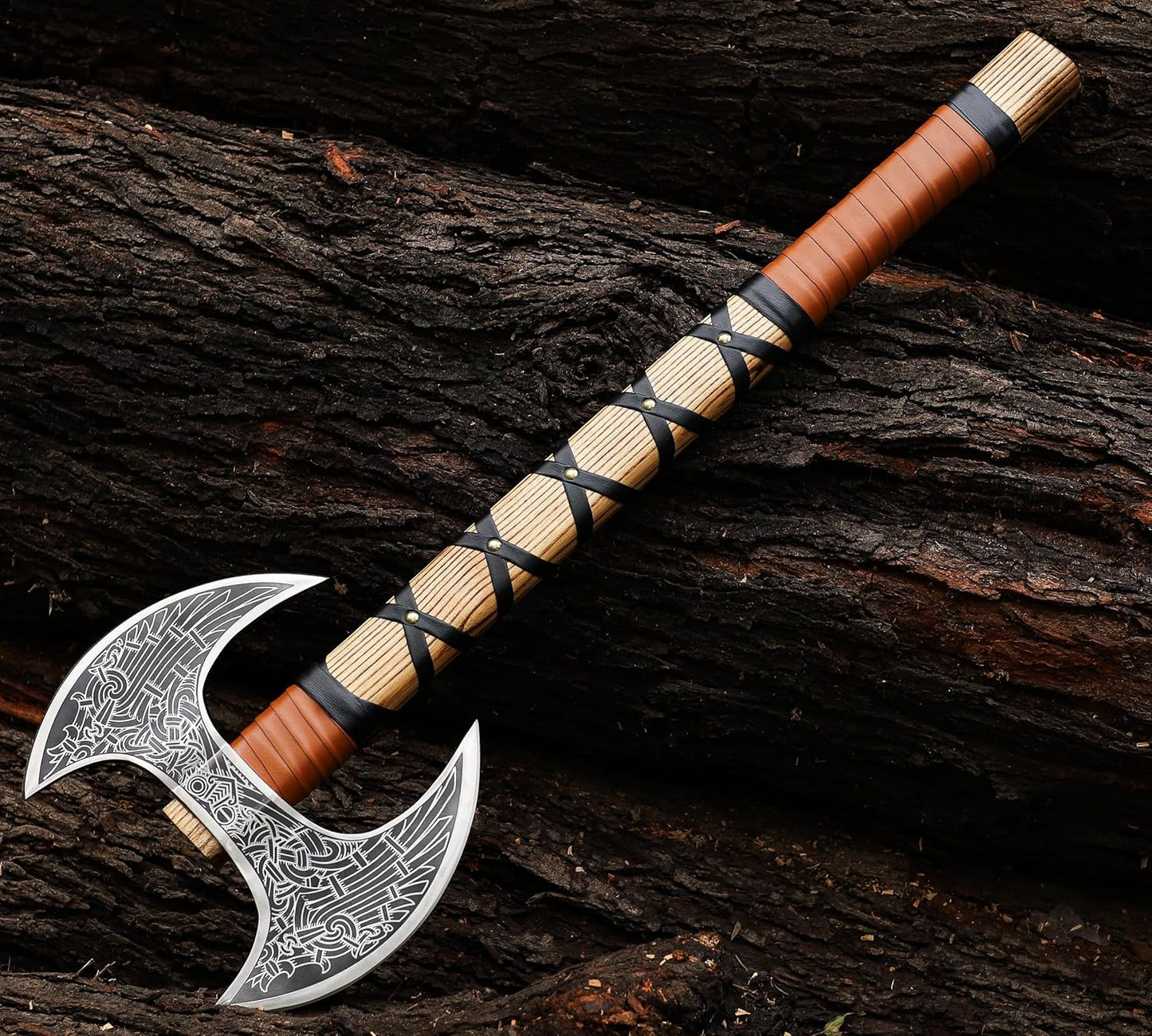 Hacha Vikinga Hecha a Mano Hoja Nórdica Grabada Madera