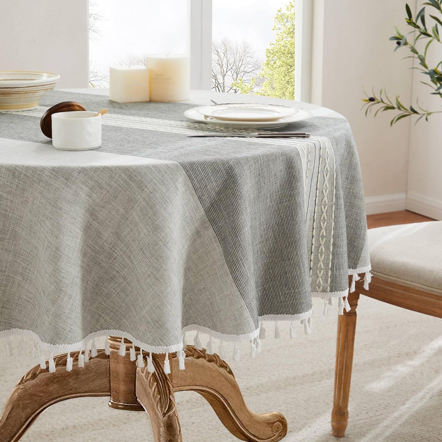 Mantel lino gris 52pulg estilo granja resistente agua