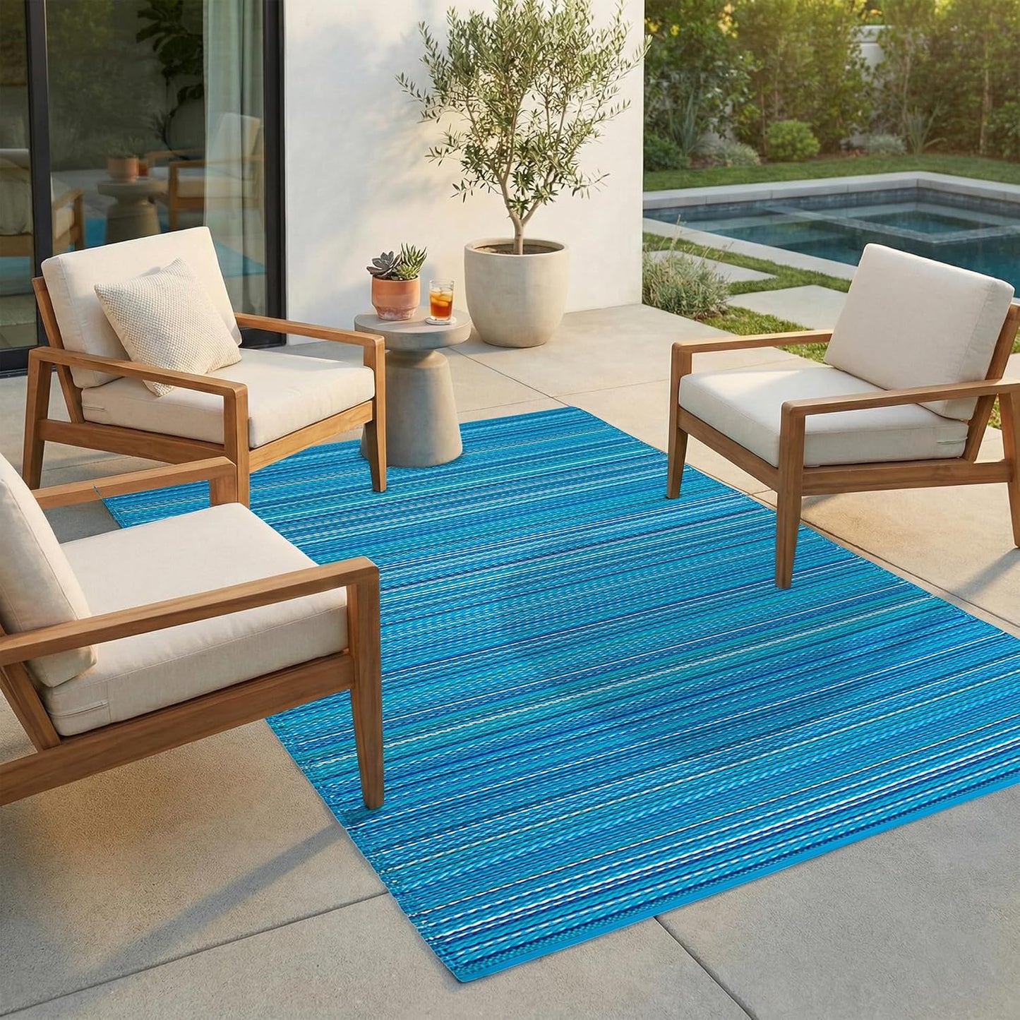 Alfombra exterior impermeable plástico reciclado rayas