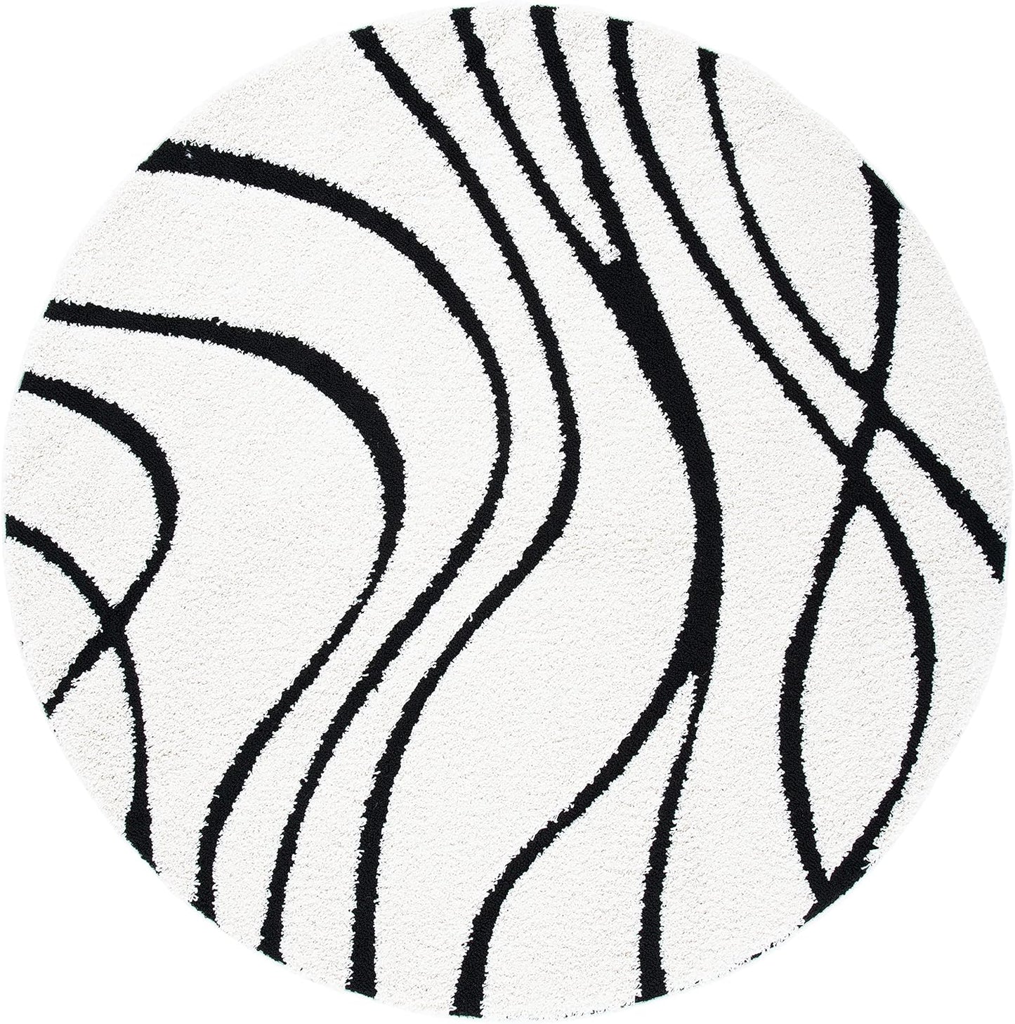 Alfombra redonda felpa 1.2" ondas abstractas marfil/negro