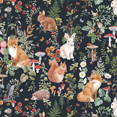 Papel tapiz bosque caprichoso negro adhesivo con animales