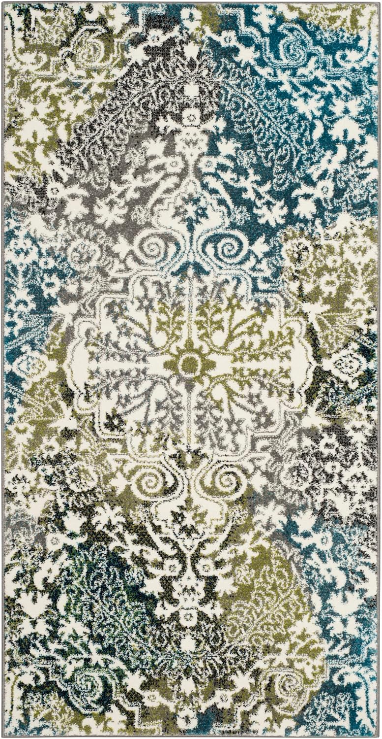 Alfombra decorativa 2'7"x5' medallón marfil y azul pavo real