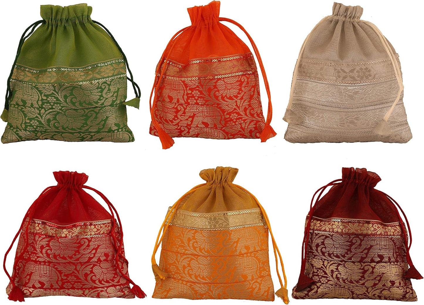 6 Pzas Bolsas Brocado Elefante Multicolor Hechas a Mano