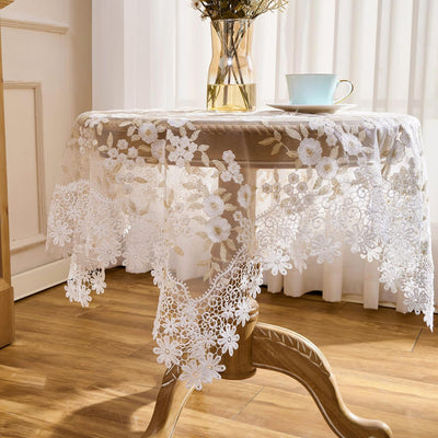 Mantel encaje marfil flores bordadas oro blanco 33x33pulg