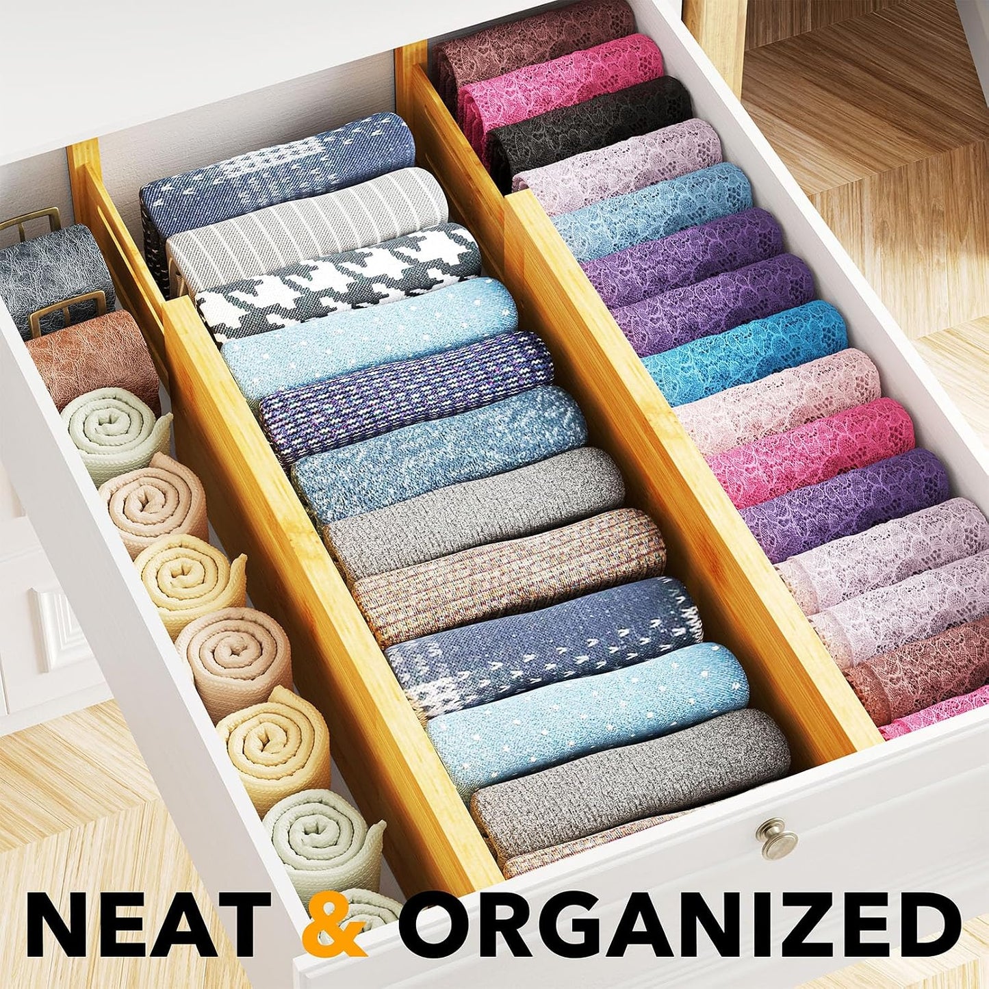 4 Pzas Separadores Cajones Bambú 17-22" Organización Ropa