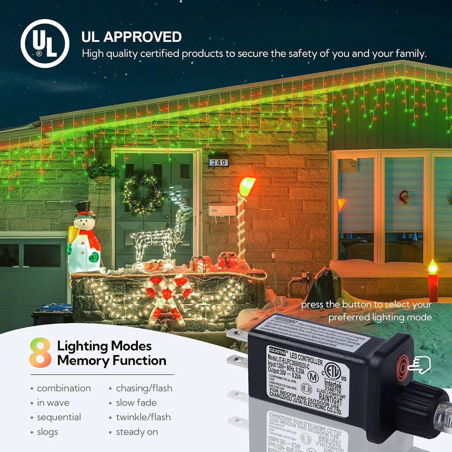 Luces LED Navidad 33pies 8modos impermeables para exteriores