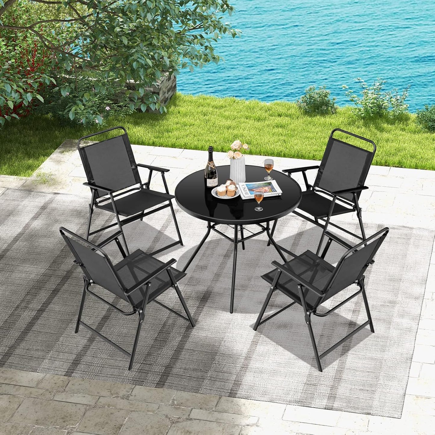 Set 4 sillas plegables exteriores con reposabrazos negro