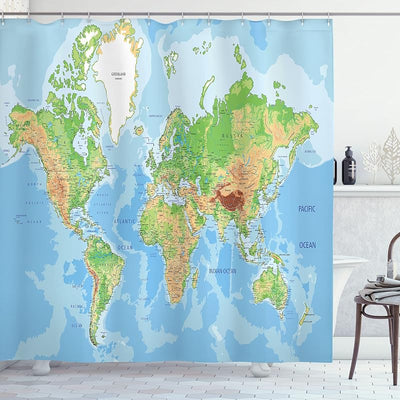Cortina ducha mapa mundo 69x70pulg con ganchos