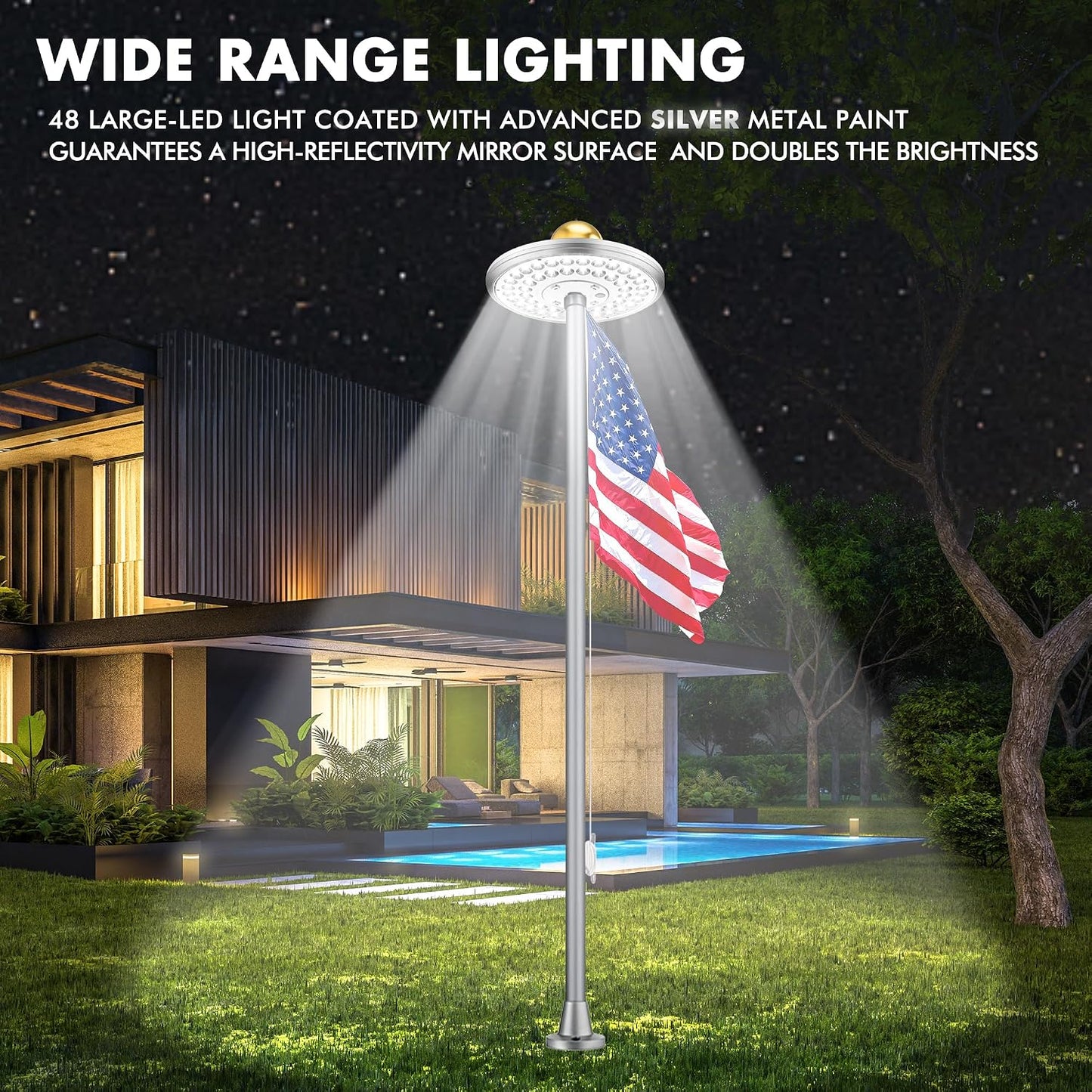 Luz poste bandera solar 48 LED plateada 15-25pulg