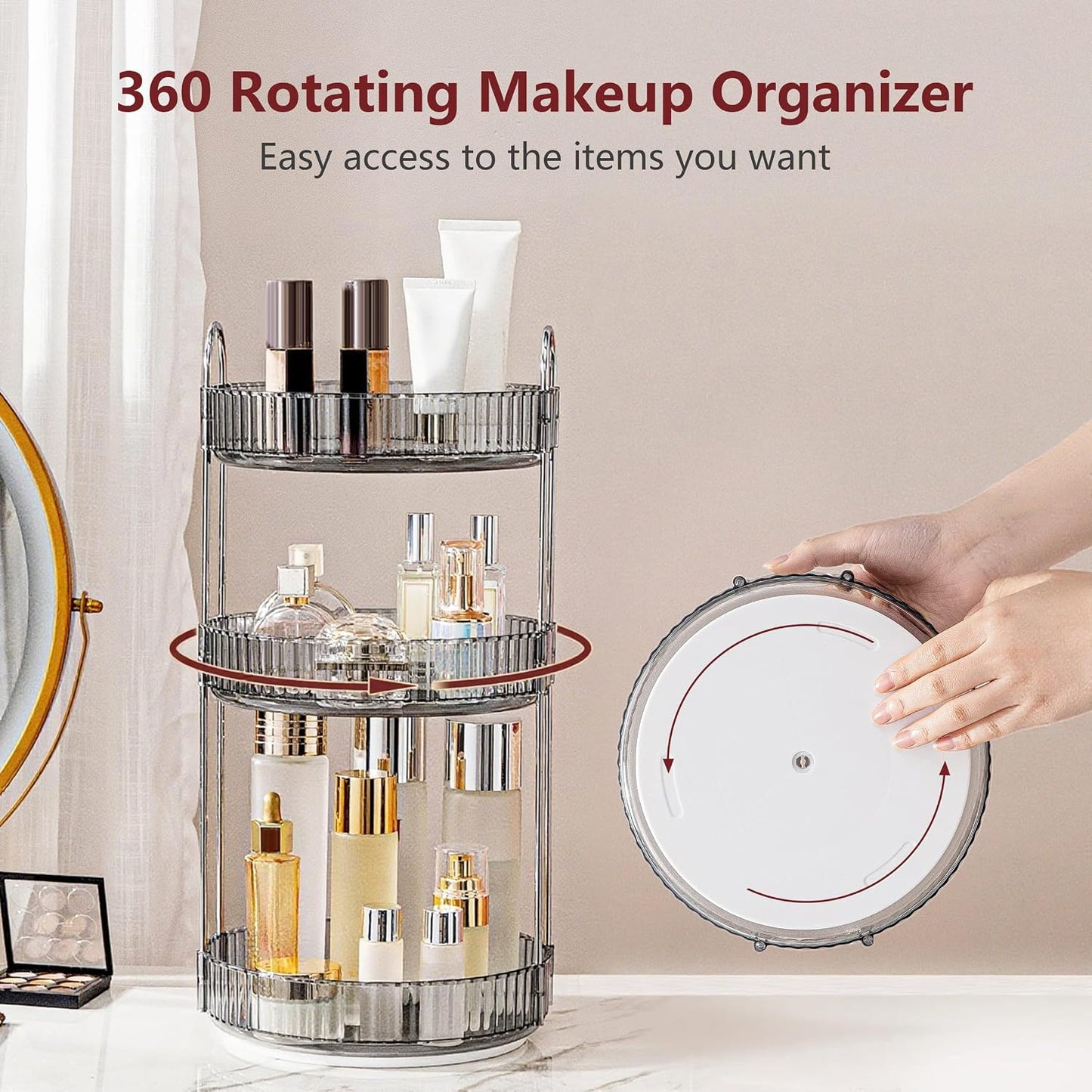 Organiz. maquillaje giratorio 360° 3 niveles gris