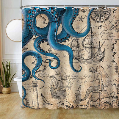 Cortina ducha náutica vintage con pulpo azul marino