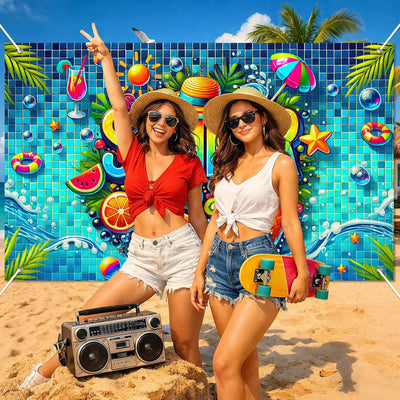 Pancarta fiesta playa 71x43pulg frutas tropicales verano