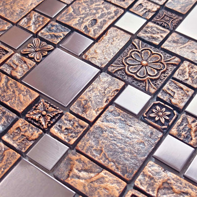 Azulejo mosaico bronce y metal cepillado texturizado cobre