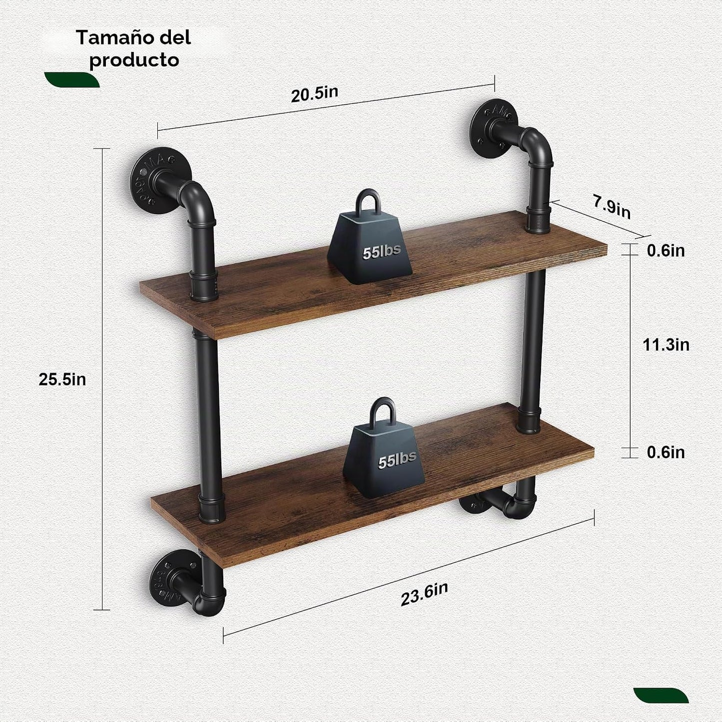Estantes flotantes 24" tubería madera rústica 2 niveles