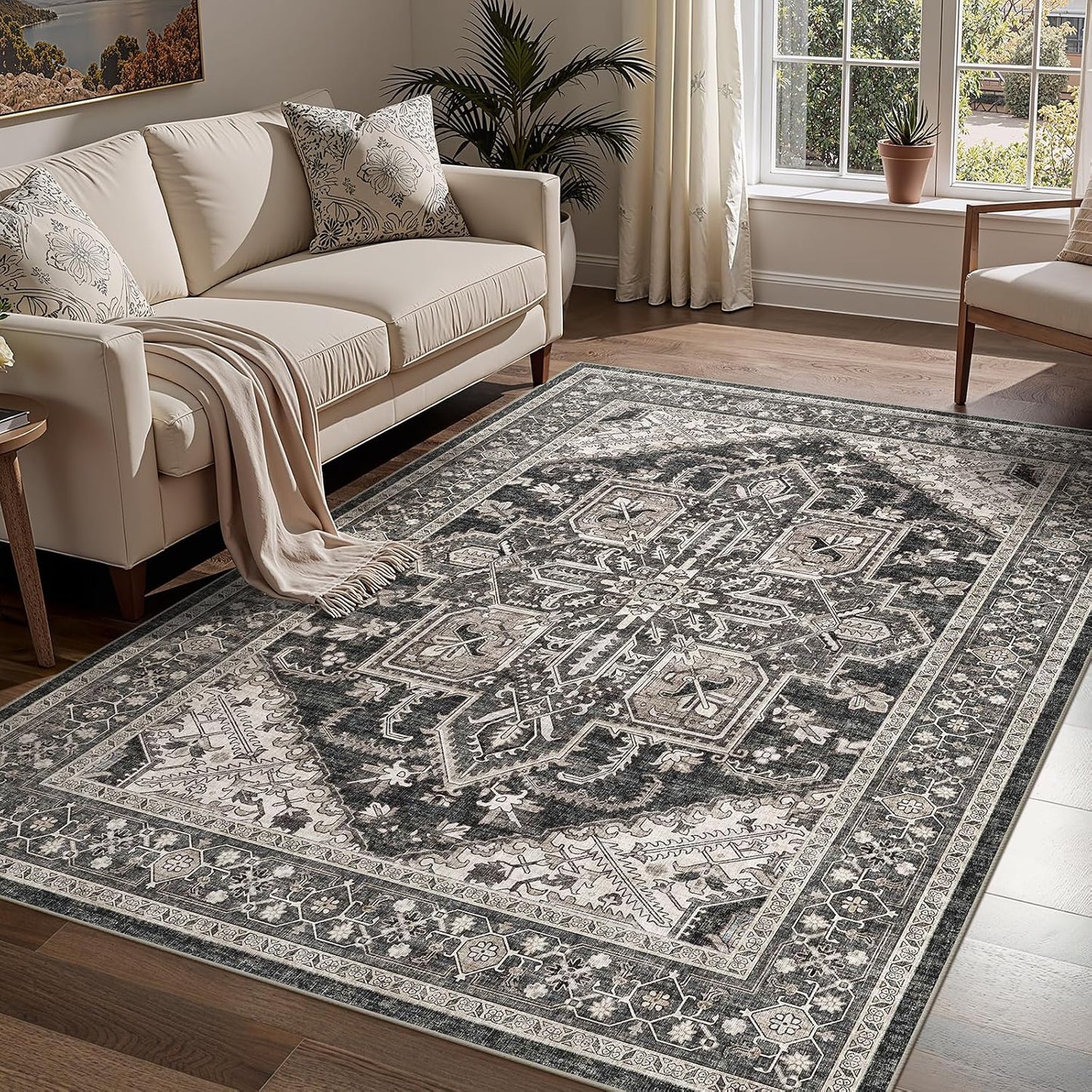 Tapete bohemio lavable antiderrap 5x7ft negro