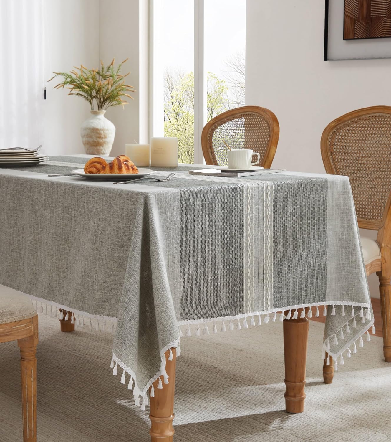 Mantel lino cuadrado 52x52pulg gris raya estilo granja
