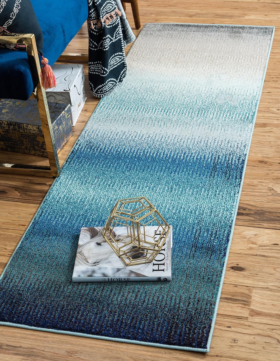 Alfombra abstracta moderna 2.2x6.7ft azul/beige