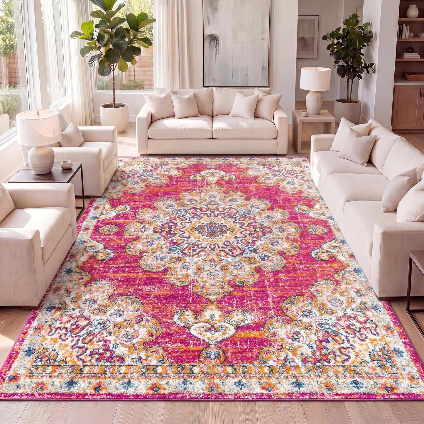 Alfombra bohemia rosa crema 3x5 medallón sala dormitorio