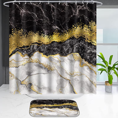 Juego 4 cortinas ducha baño con borde negro y dorado 12 ganchos
