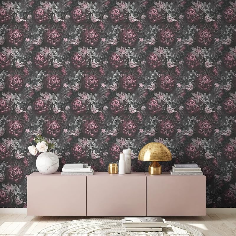 Papel pintado floral negro rosa gris 396x20.87"