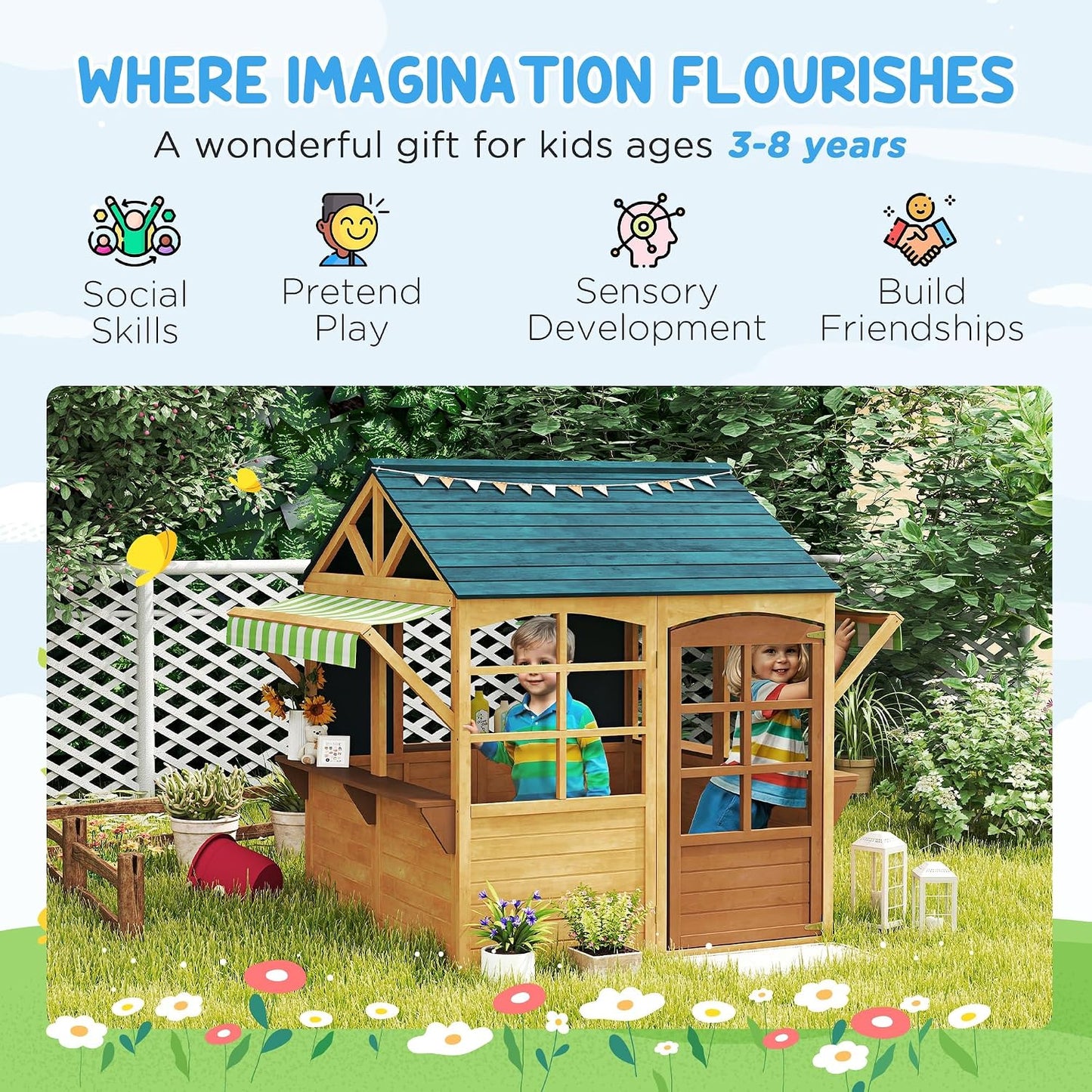 Casa set plegable madera para niños 3-8 años marrón