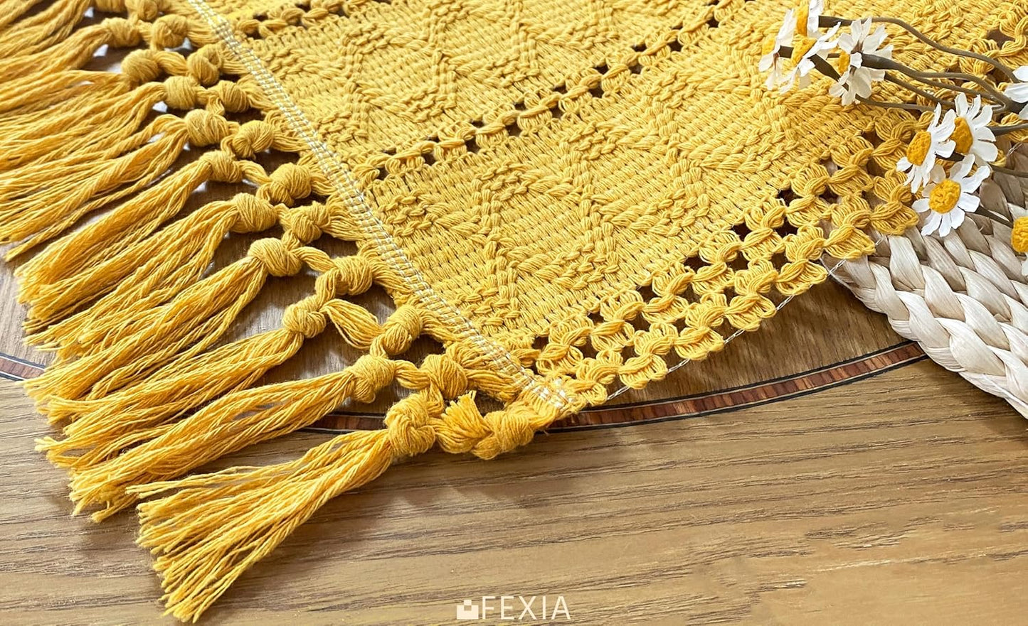 Mesa Camino Amarillo Borlas 90pulg Estilo Granja