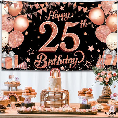Cartel 25 años color rosa dorado 72x44pulg cumpleaños mujer