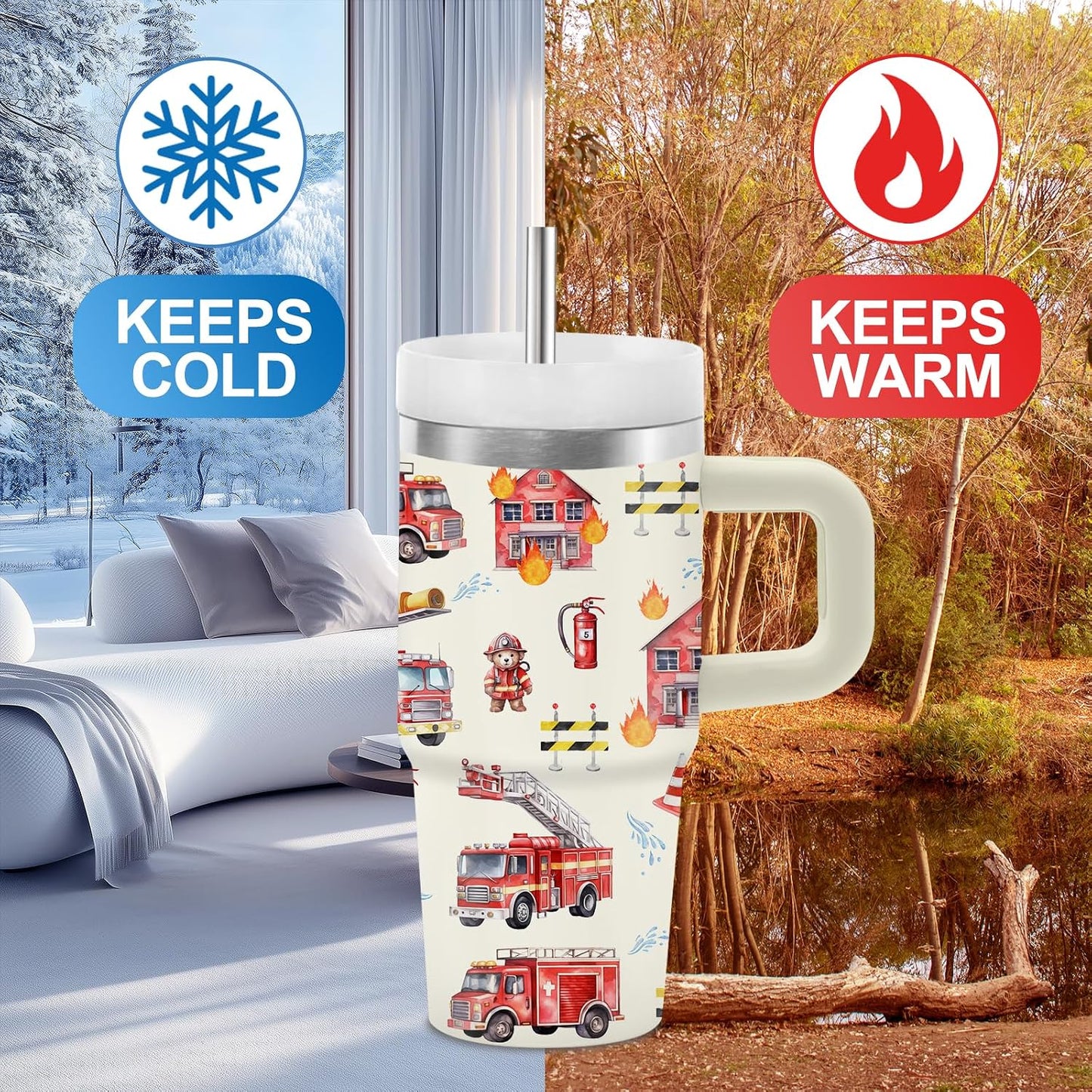 Vaso bomberos acero inox con popote para niños 14oz