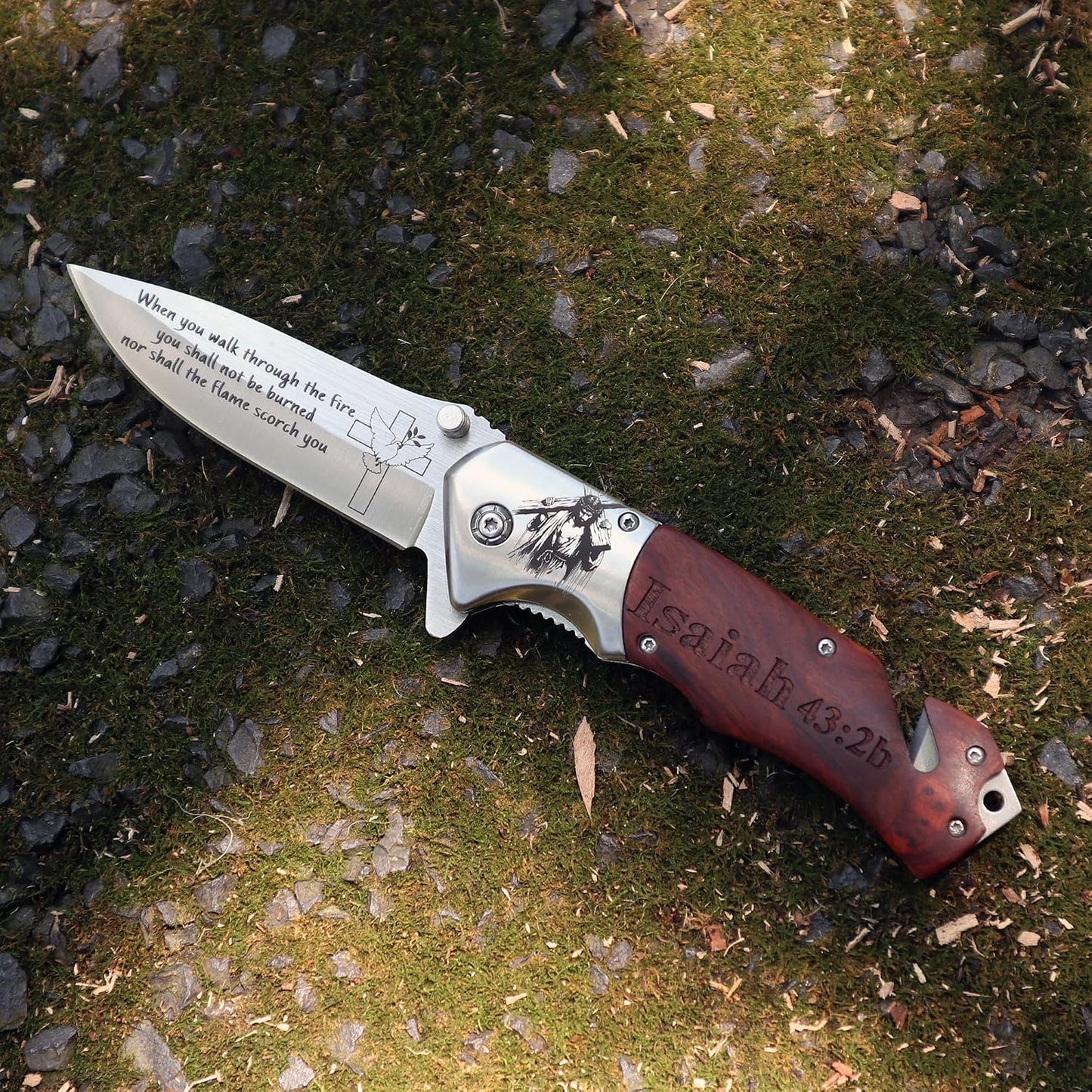 Cuchillo bolsillo religioso cristiano con cruz y versículo