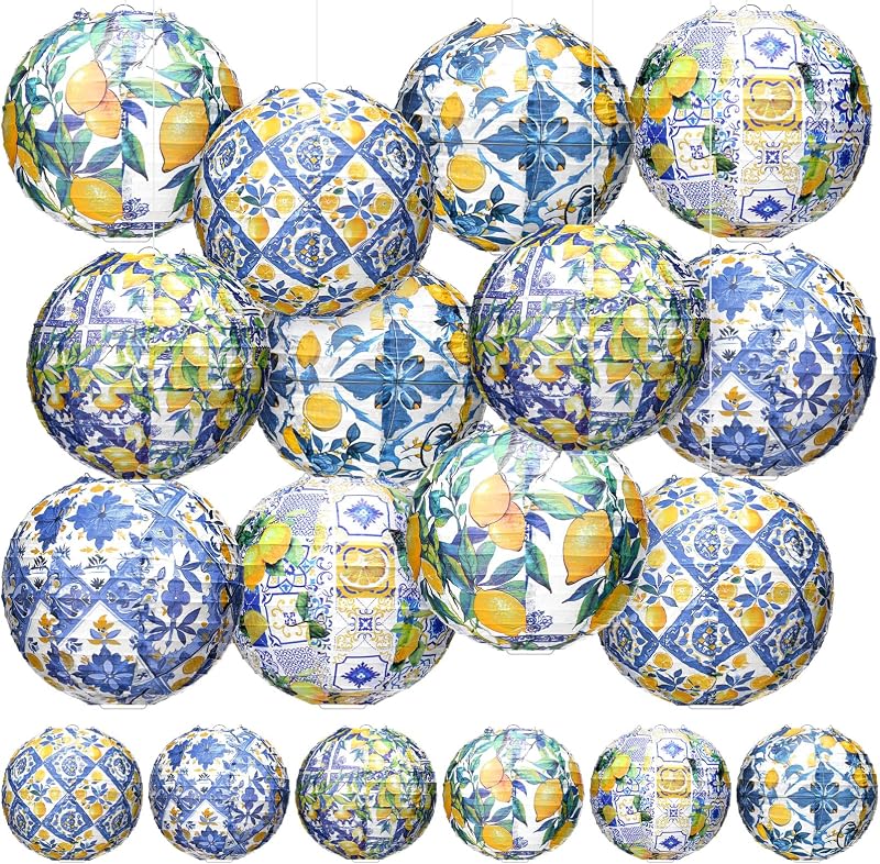 12 Pzas Faroles Limón Capri 8pulg Azul Amarillo Colgantes Fiesta