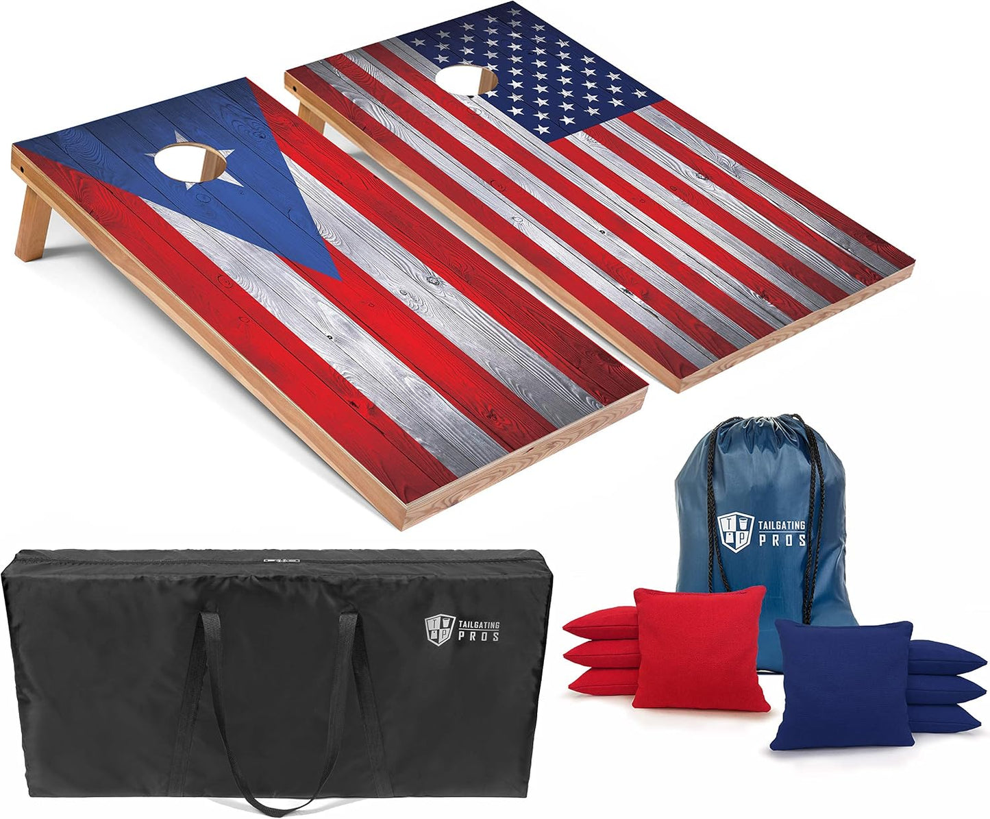 Set tablas cornhole con bandera 8 bolsas frijoles 4x2pies
