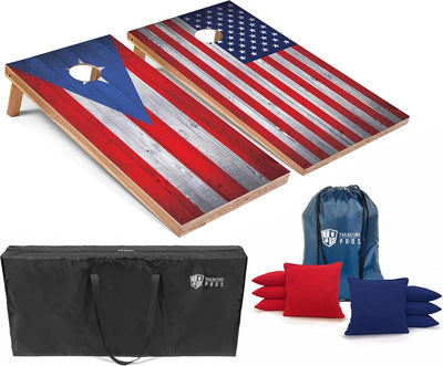 Set tablas cornhole con bandera 8 bolsas frijoles 4x2pies