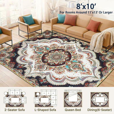 Alfombra lavable 8x10ft estilo bohemio pelo bajo antideslizante