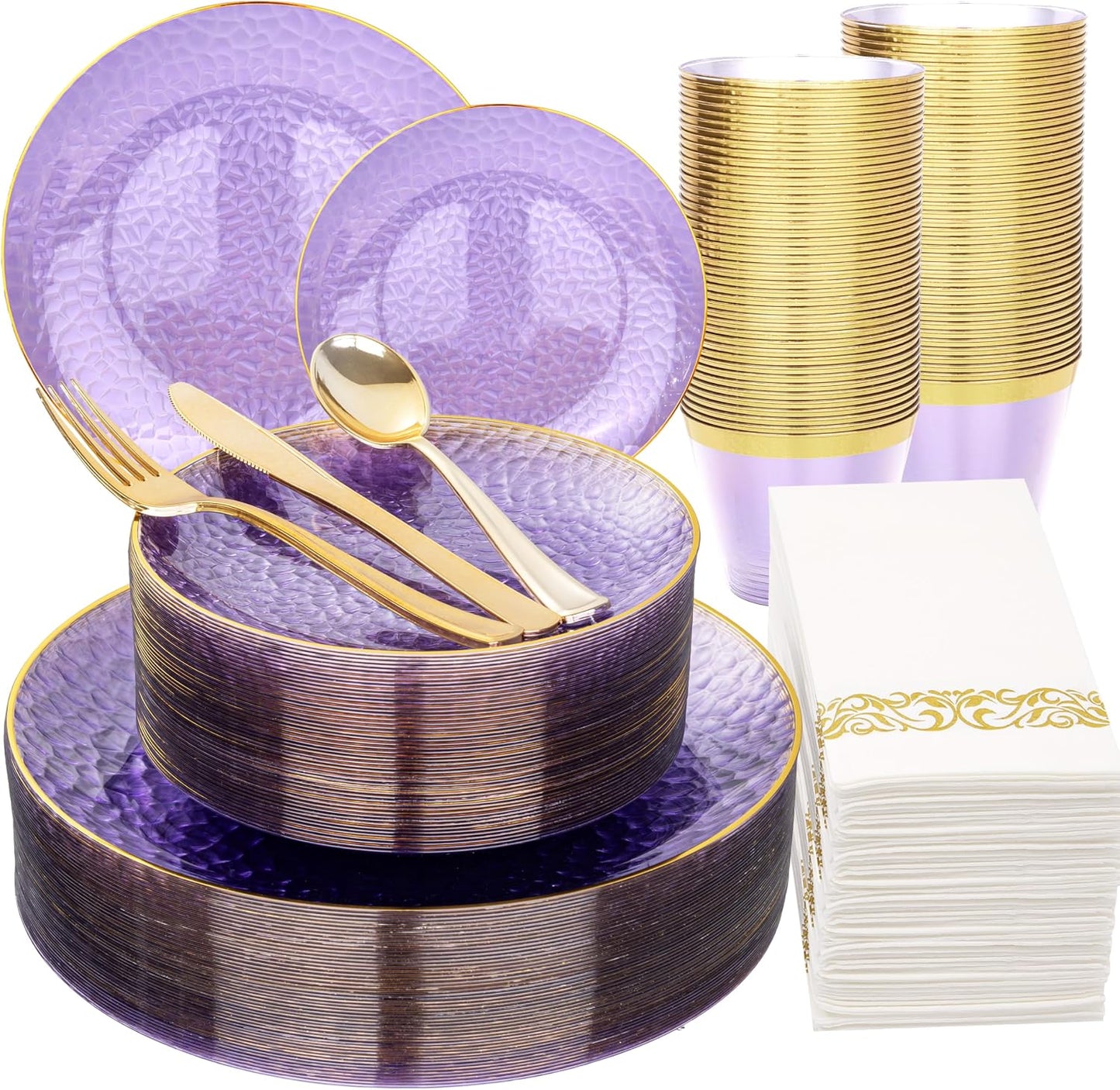 Set vajilla plástico morado 175pzas 25 invitados borde