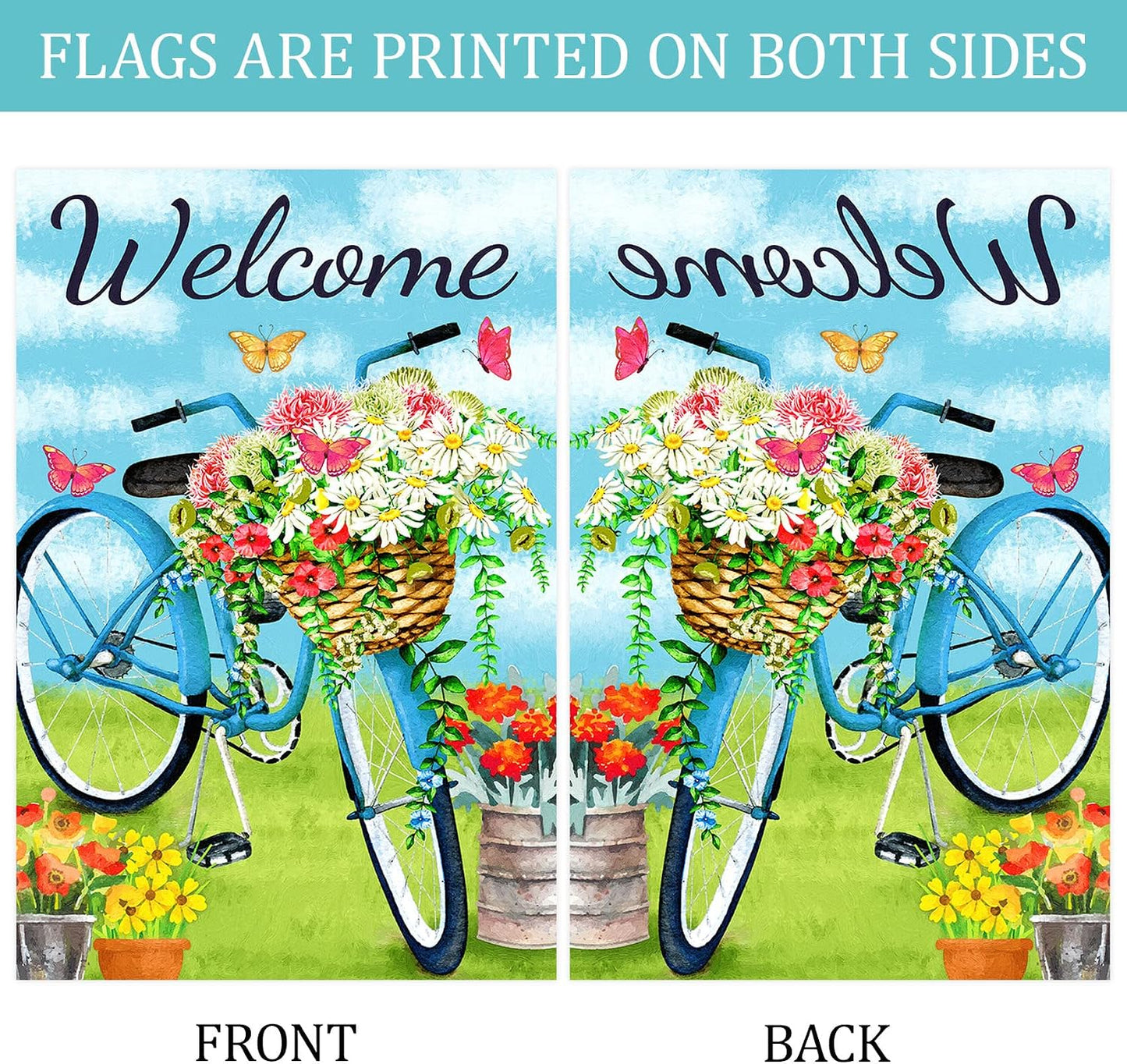 Bandera bienvenida azul bicicleta flores mariposa 12x18pulg