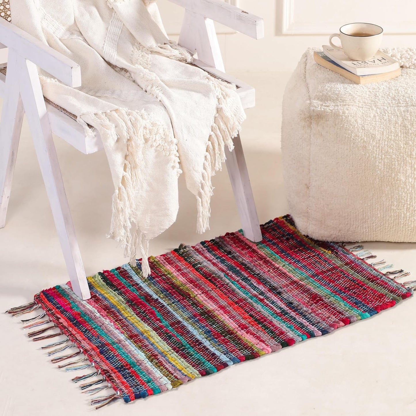 Alfombra trapo chindi reversible borlas 20x32pulg estilo boho