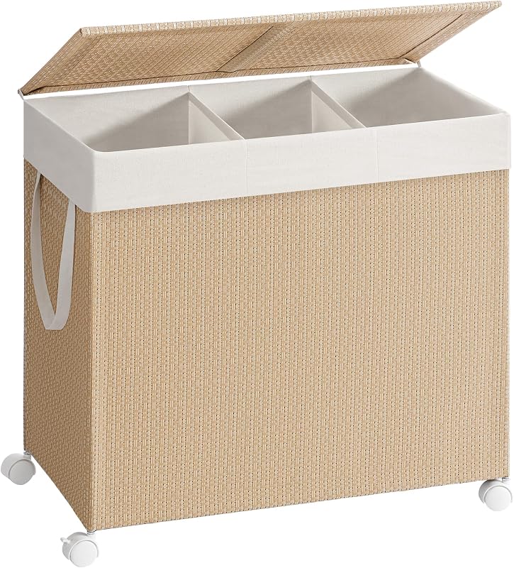 Canasta ropa sucia 140L con 3 secciones ratán tapa beige