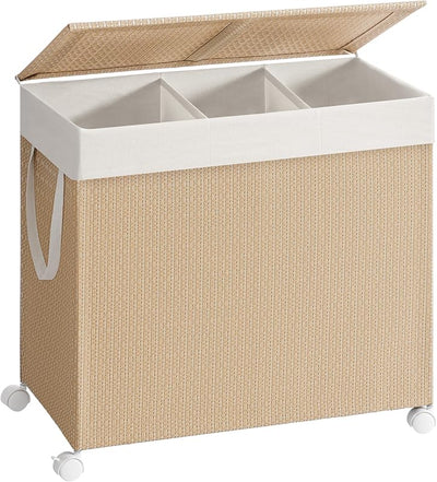 Canasta ropa sucia 140L con 3 secciones ratán tapa beige