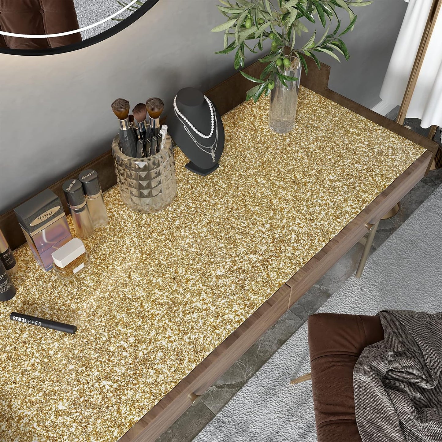 Papel tapiz dorado purpurina 354x17.7pulg dormitorio baño