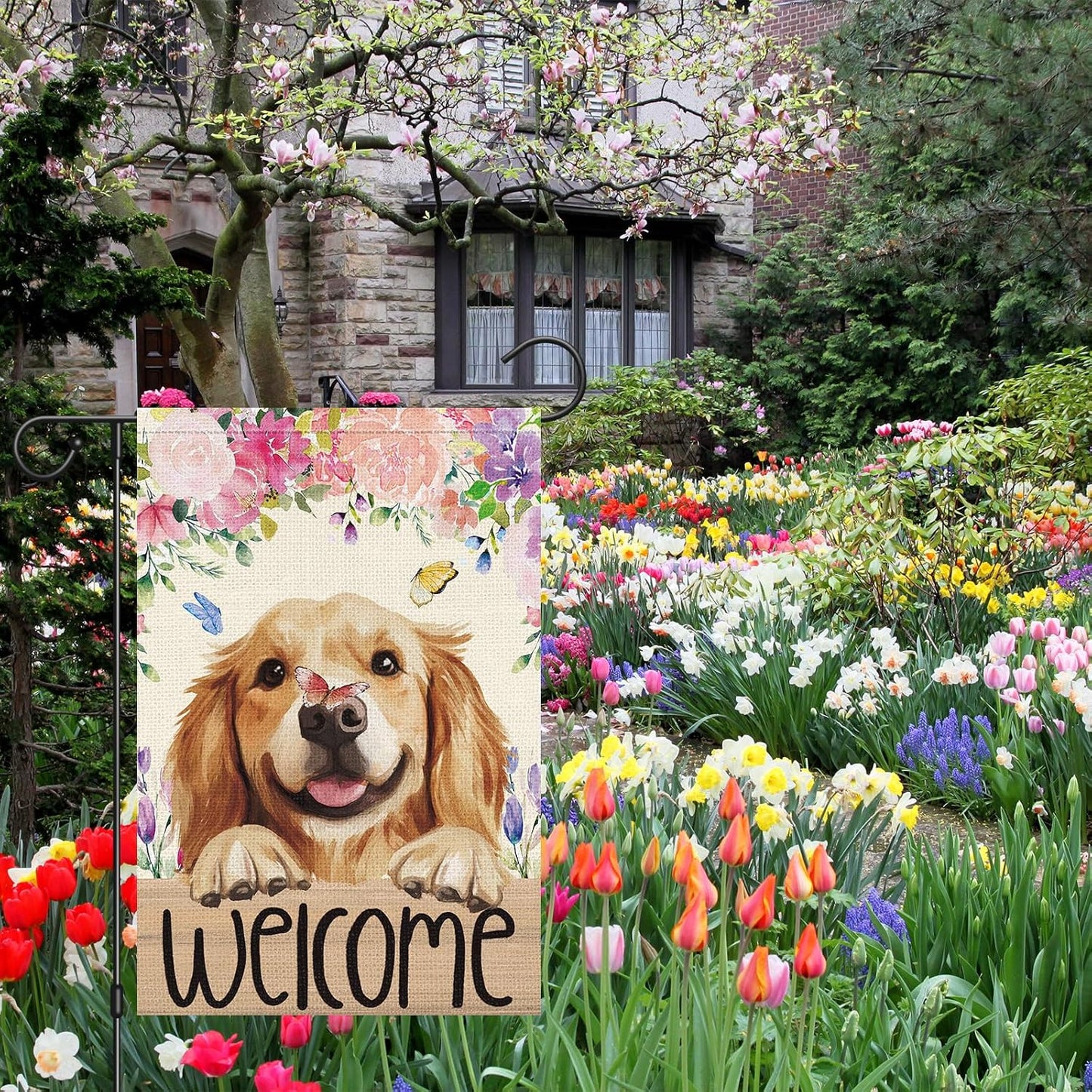 Bandera jardín doble cara 12x18pulg mariposa golden retriever