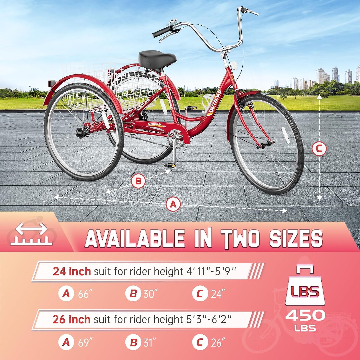 Triciclo 24/26pulg 1vel 3ruedas cesta grande adultos compras