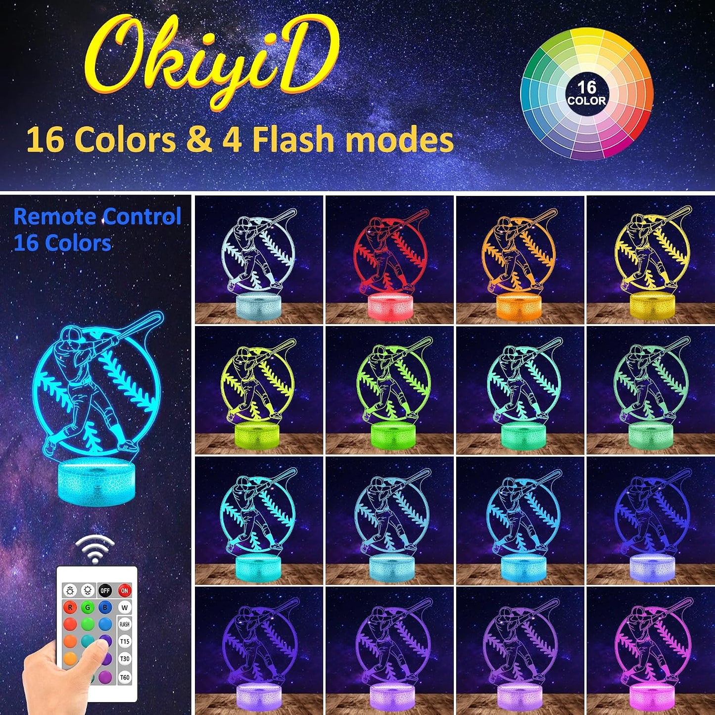 Lámpara 3D béisbol con control 16 colores para niños