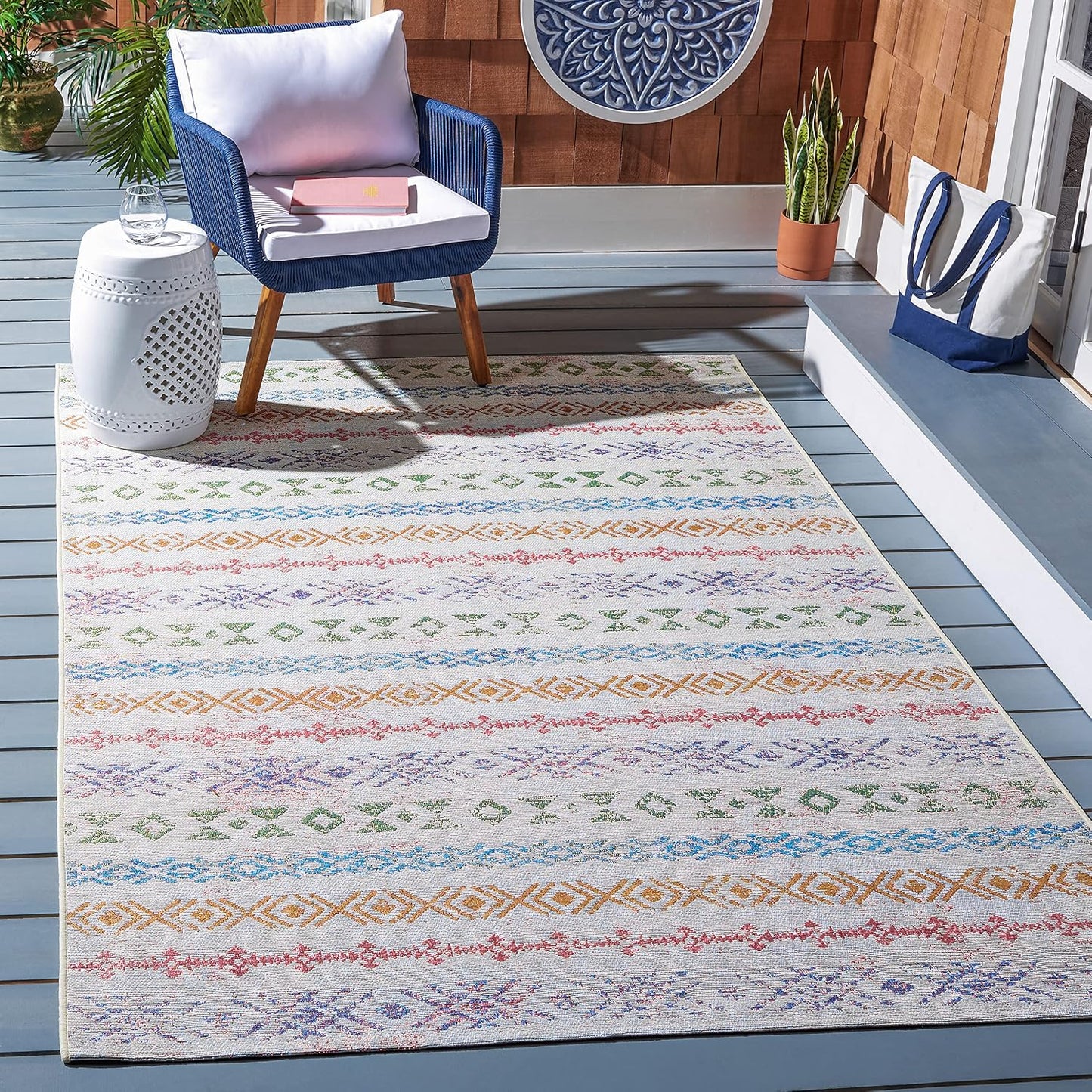 Alfombra exterior lavable 4x6ft marfil y azul