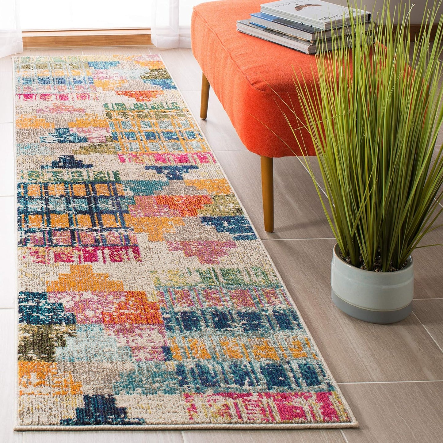 Alfombra pasillo 2'2"x12' color marfil diseño bohemio