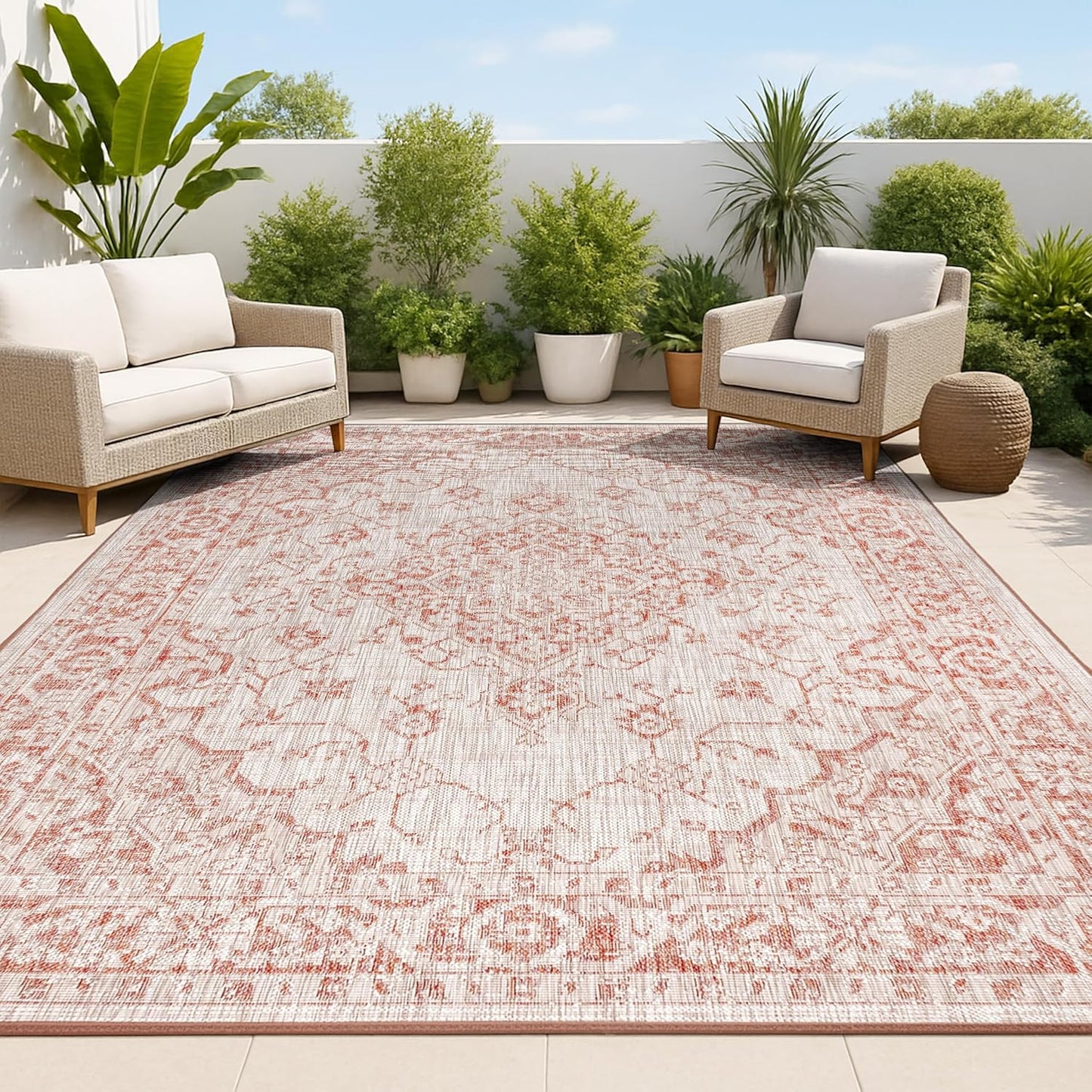 Alfombra bohemia 3x5ft color rojo y gris pardo para patio