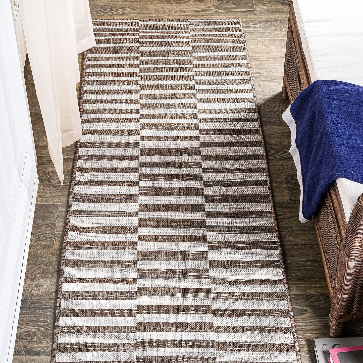 Alfombra rayas marrón/beige 2x10ft patio porche resistente
