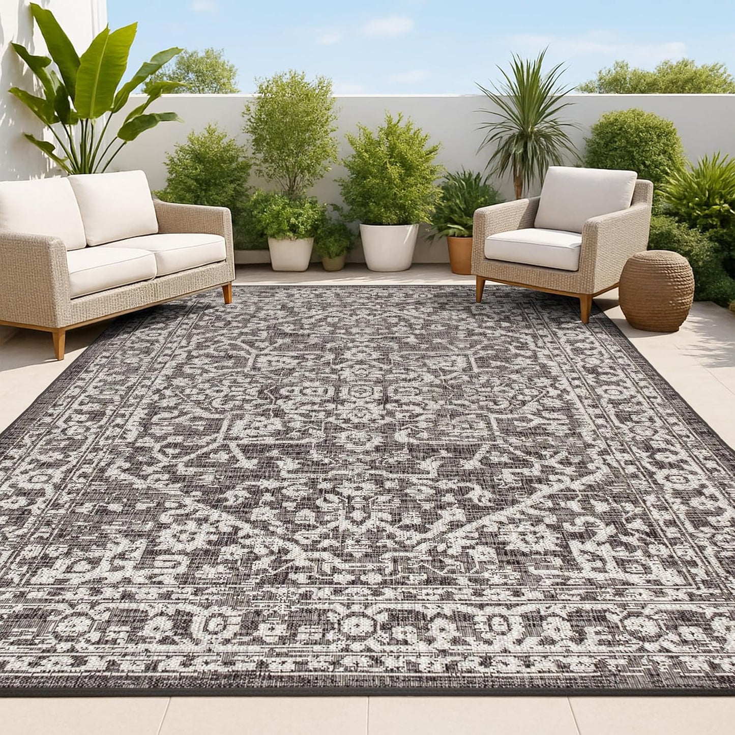 Alfombra boho medallón 8x10 negra/gris texturizada