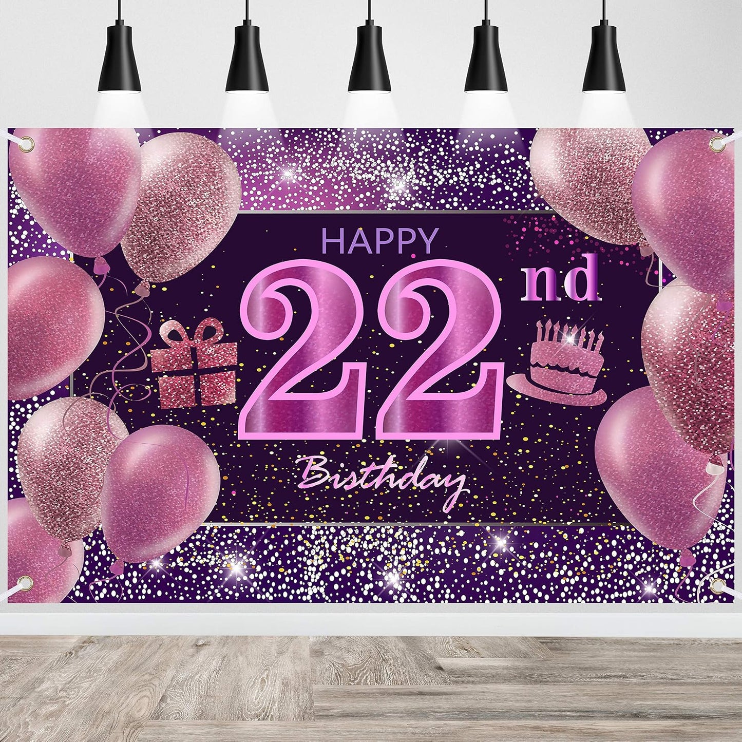 Pancarta feliz cumpleaños 22 para niña fiesta rosa