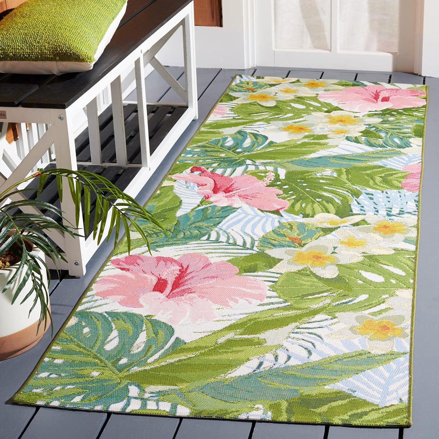 Alfombra lavable exterior 2'8x10'5 verde y rosa BAR516X